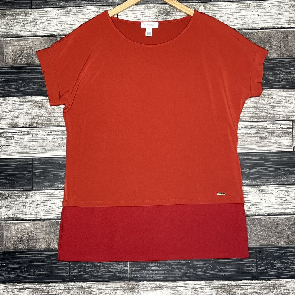Calvin Klein Short Sleeve Shirt Womens Size Small Red Orange Dolman Sleeve Top